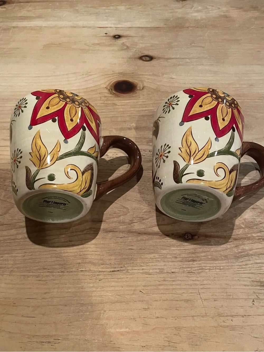 Pier 1 Carynthum Botanical Mugs (2) retired green interior brown handle 14oz